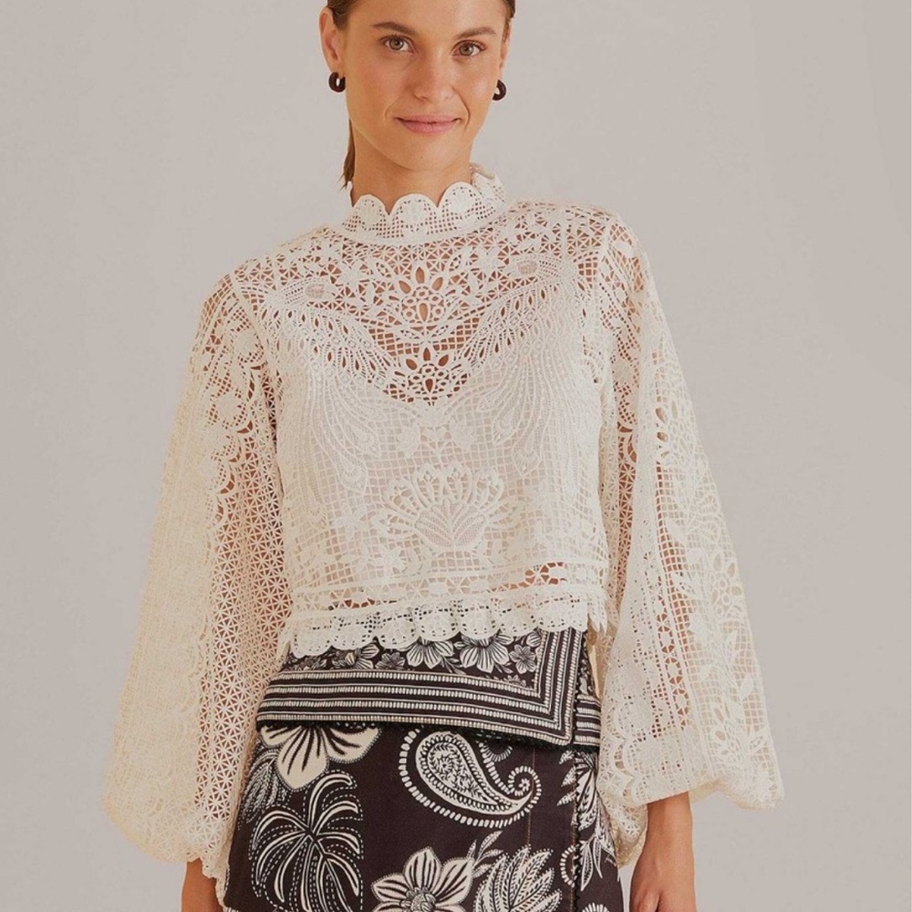 FARM Rio Cream Crochet Lace Long-Sleeve Blouse - Picture 1 of 4